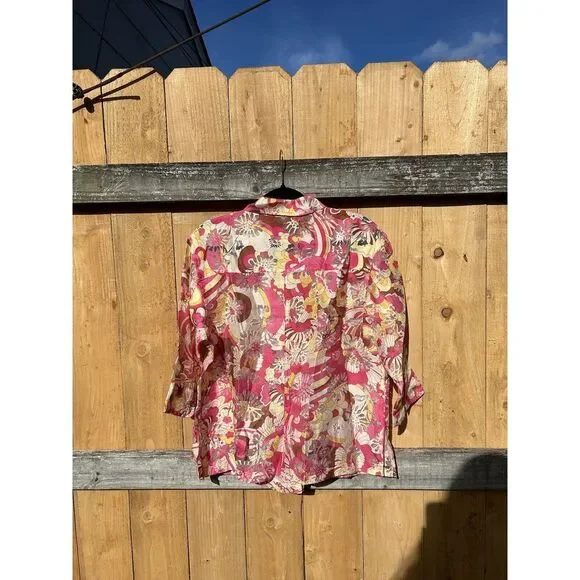 Notations Women's Pink Floral Half Sleeve Semi Sheer Button Shirt Top Size L - Picture 8 of 9